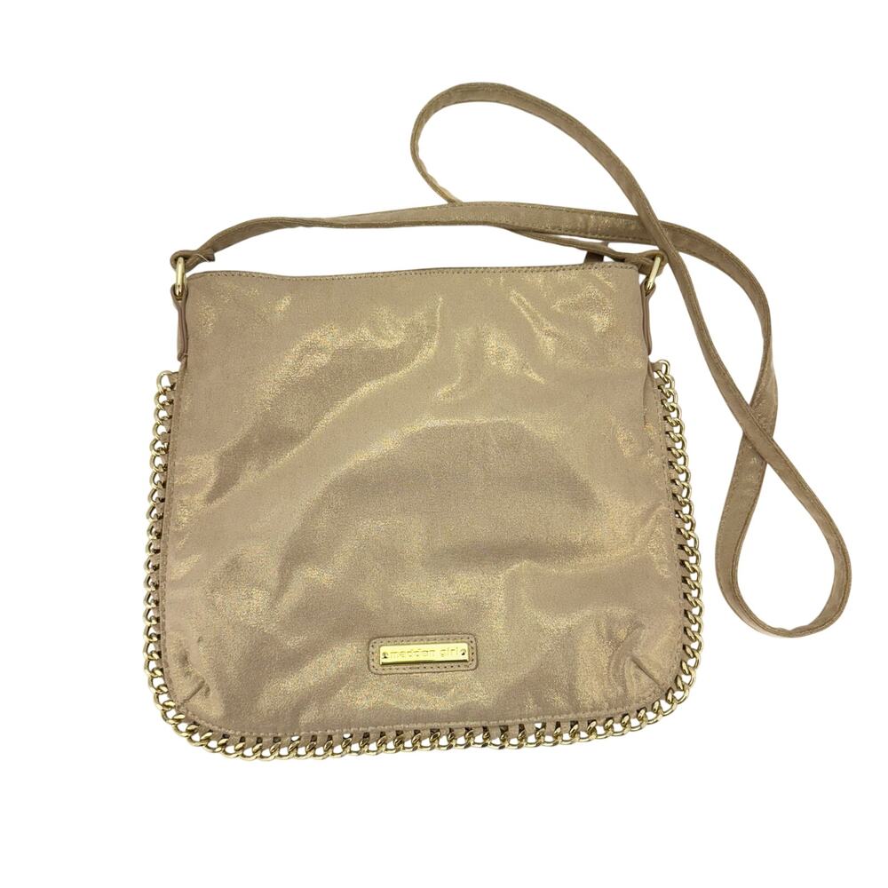Madden Girl Tan Gold Metallic Chain Cross Body Bag Purse Lightweight Compact